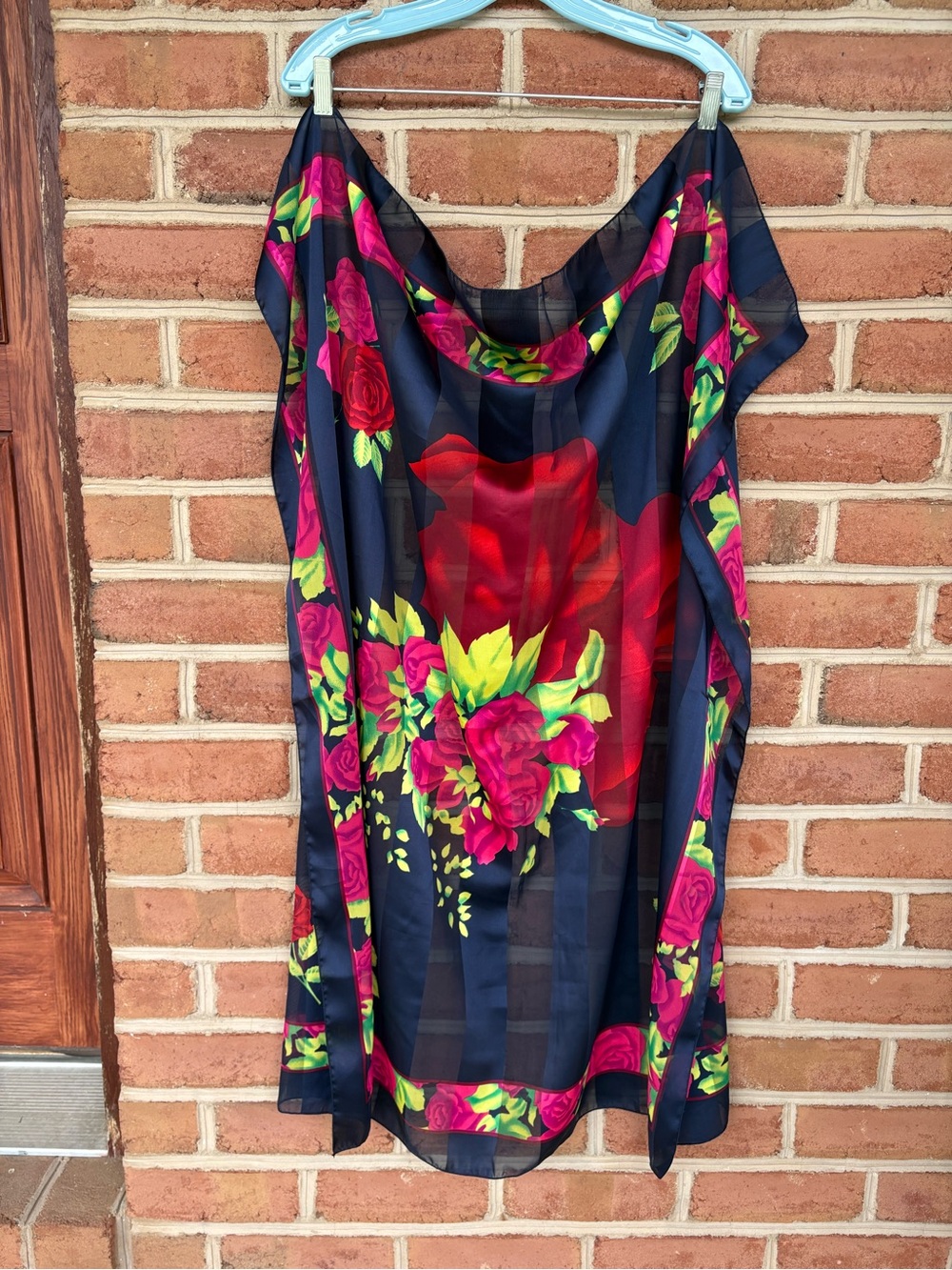Navy Floral Sheer Scarf or Wrap with Pink and Red Roses